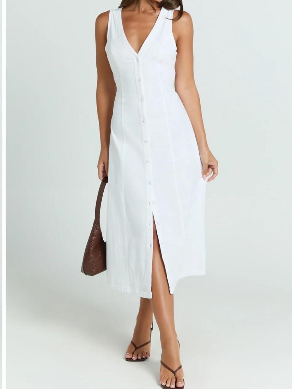 Showpo Juliet White Sleeveless Button-Front Midi Dress Through Vneck Size 4 New